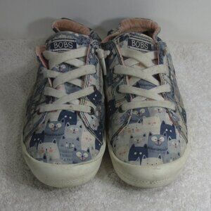 BOBS Shoes Blue White Cat Print Sneakers by Skechers Lace Up Memory Foam Size 10